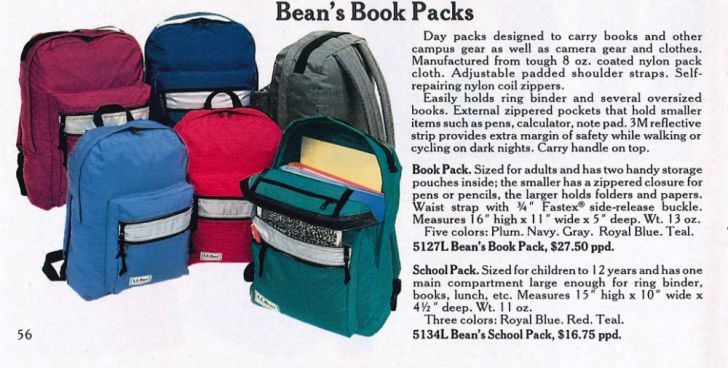 A 1984 L.L. Bean catalog page featuring the Book Pack