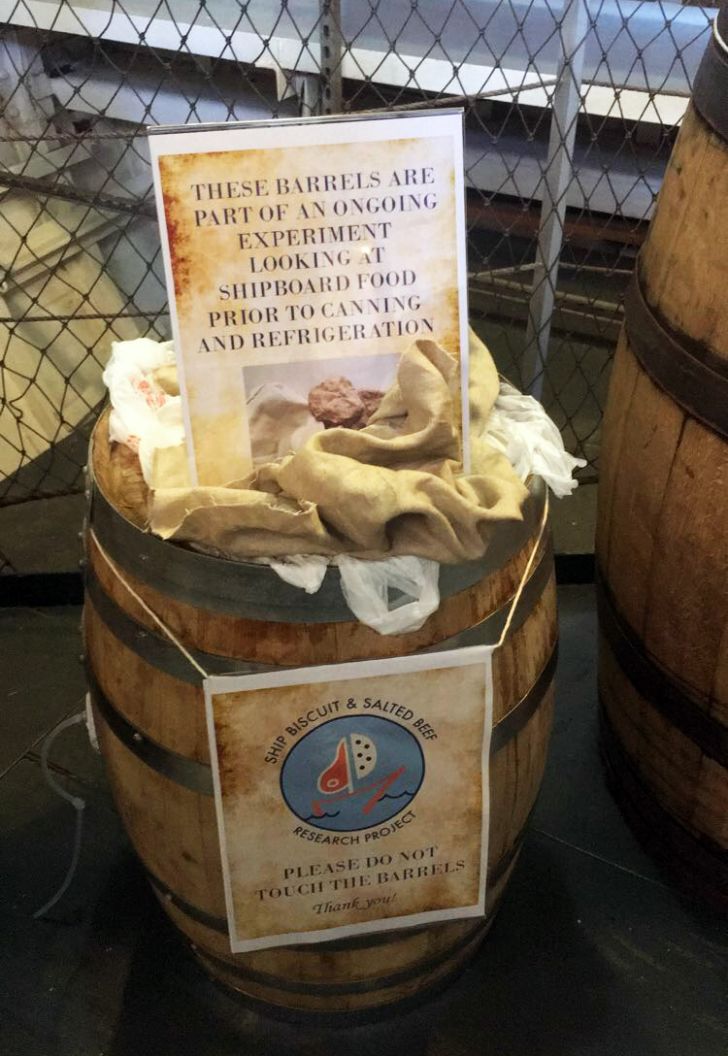 A barrel used to store the research team's salted beef