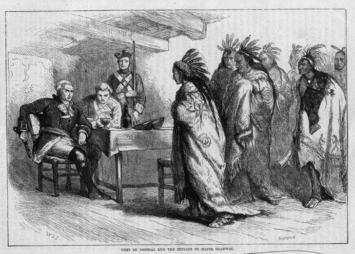 Ottawa chief Pontiac meets with British troops after French and Indian War