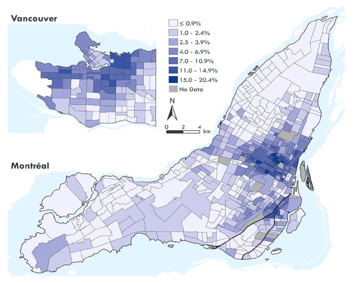 Shaded maps of Montreal and Vancouver show the percentages of commuters bike.