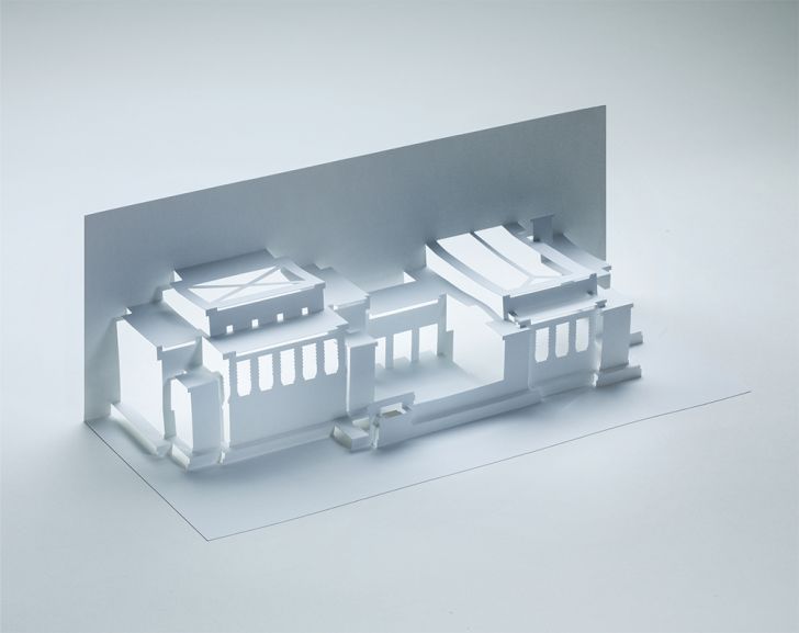 A folded paper model of Frank Lloyd Wright’s Unity Temple