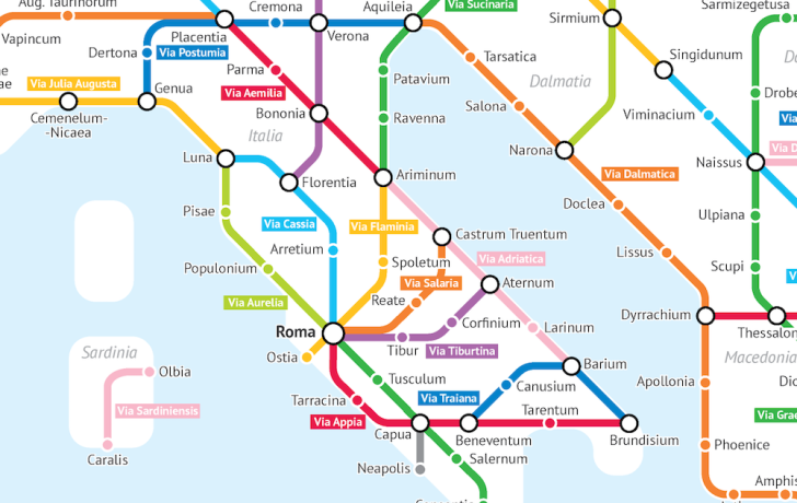 The roads of Italy during the Roman Empire imagines as a subway map.