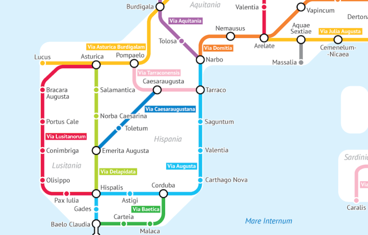 The roads of Spain during the Roman Empire imagines as a subway map.