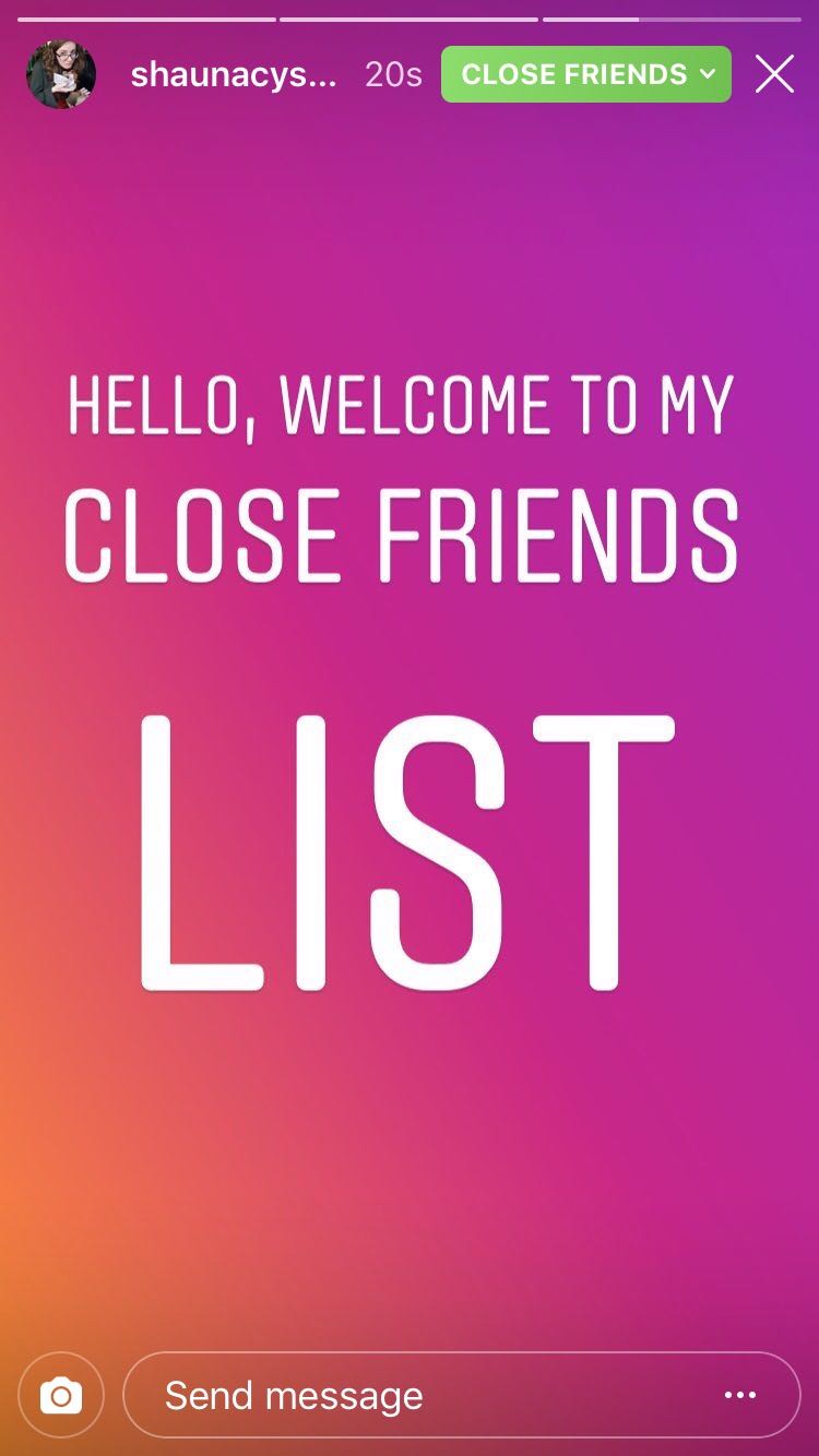 An Instagram story reads 'Hello, welcome to my close friends list' on a bright orange and pink background.