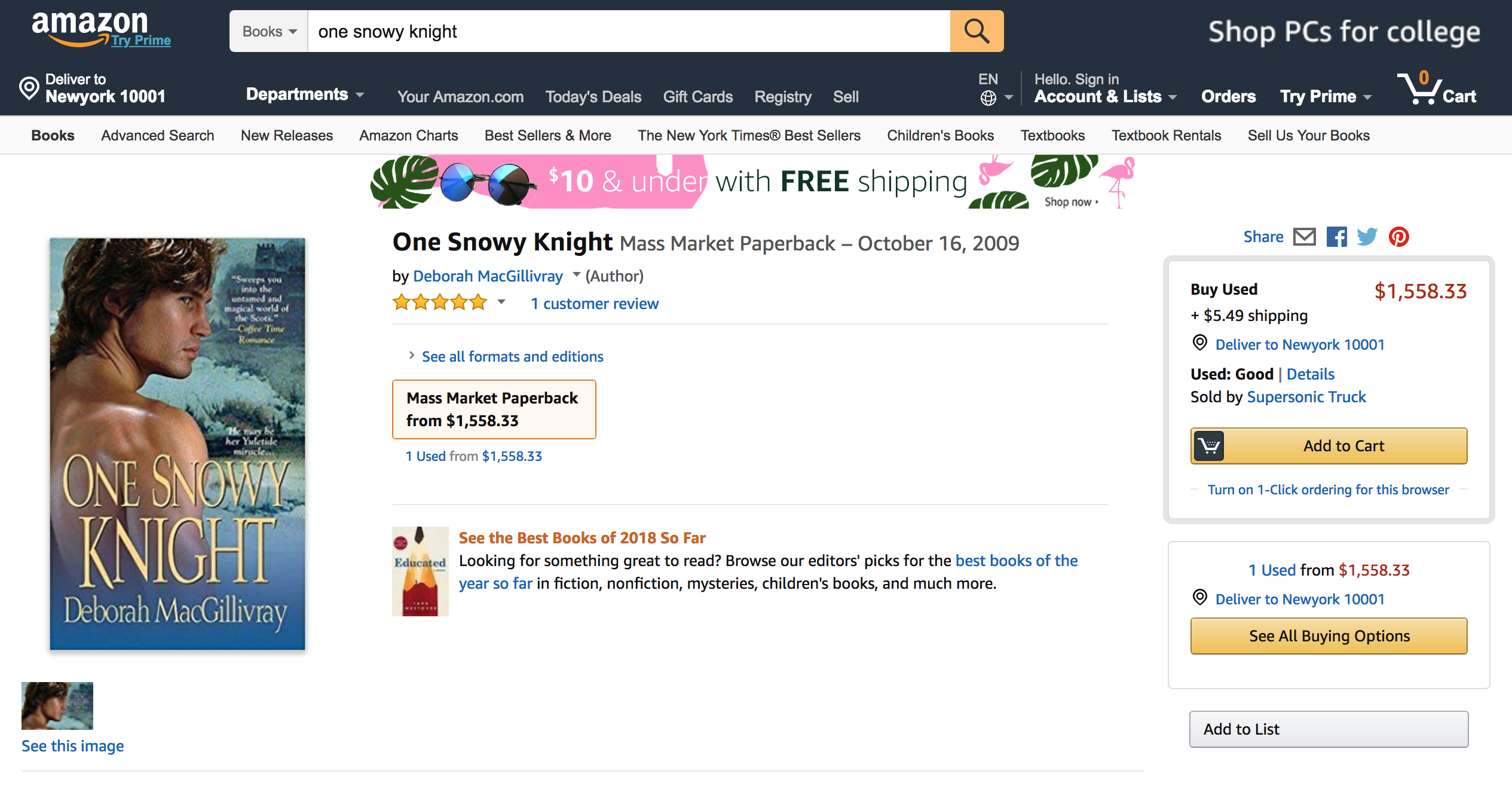 An Amazon product listing offers a mass-market paperback book for $1558.33.