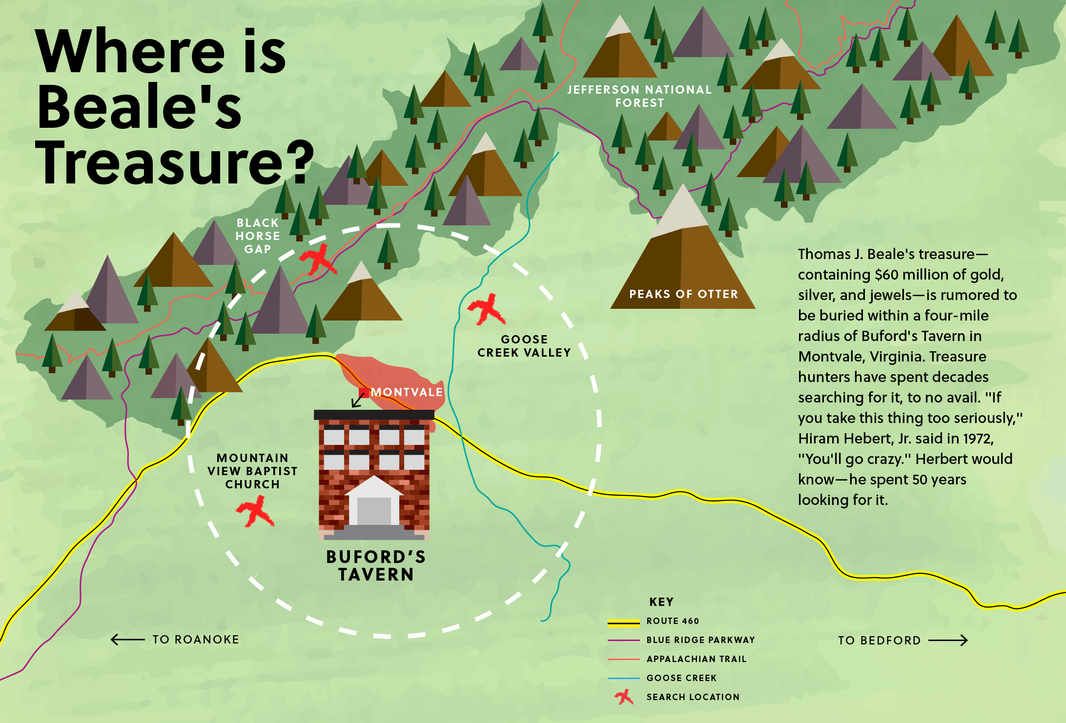 A map of some of the possibilities of the location of Beale's treasure.