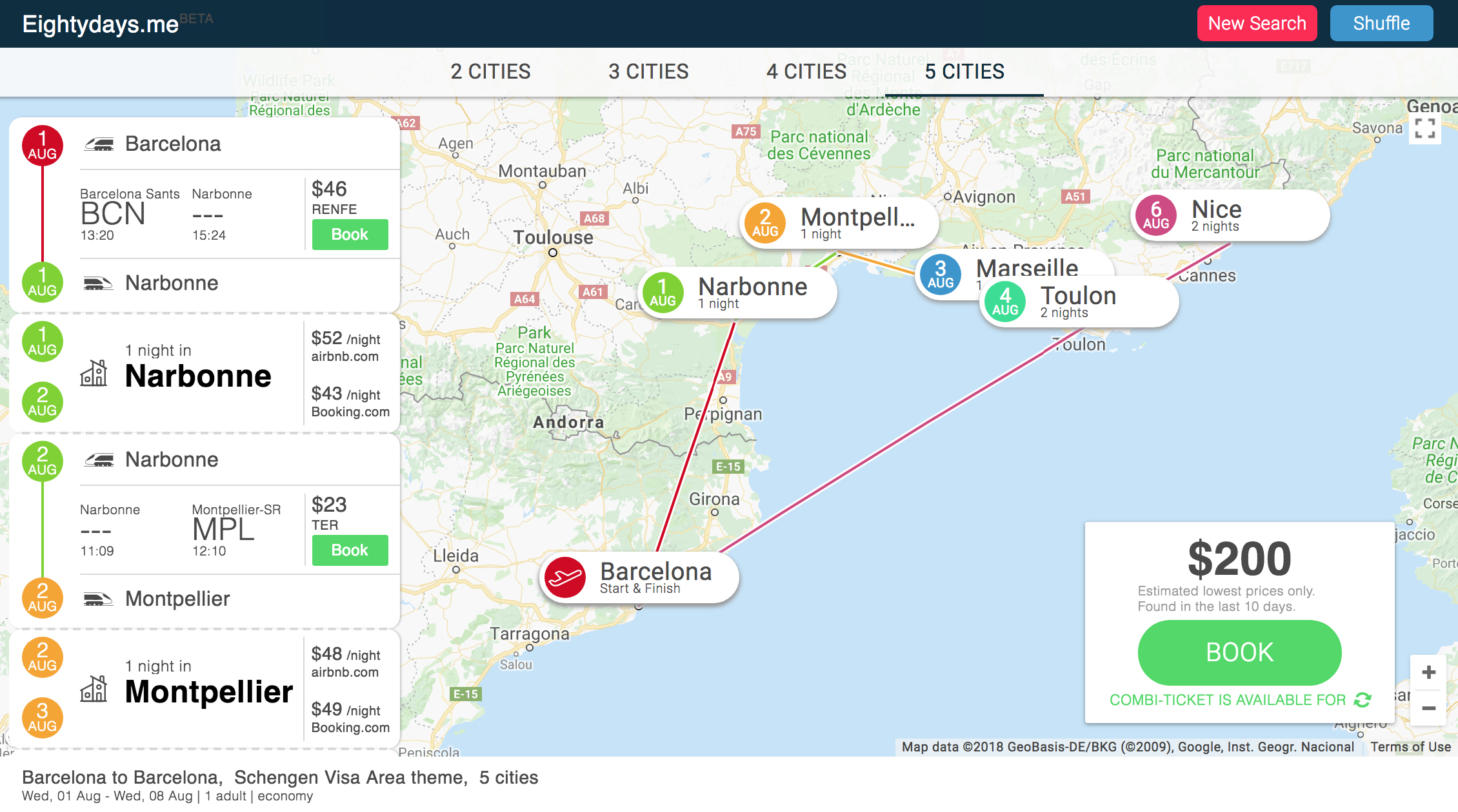 Screenshot of Eightydays.me showing a suggested itinerary starting in Barcelona