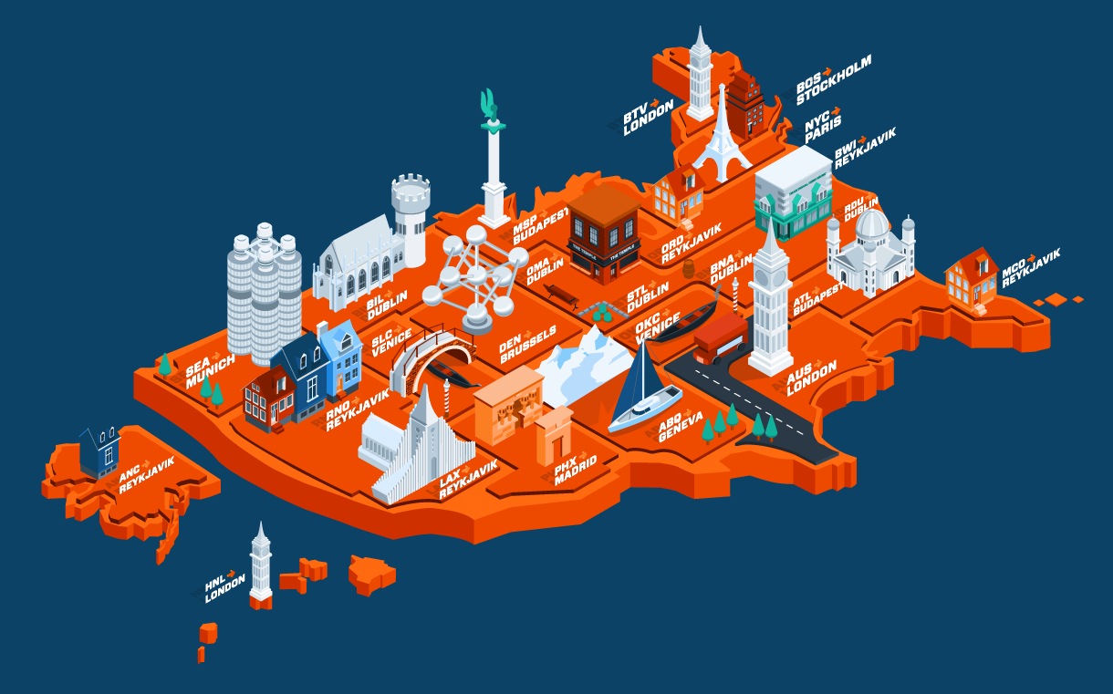 An orange map of the United States with illustrations showing the cheapest European travel destinations for the summer