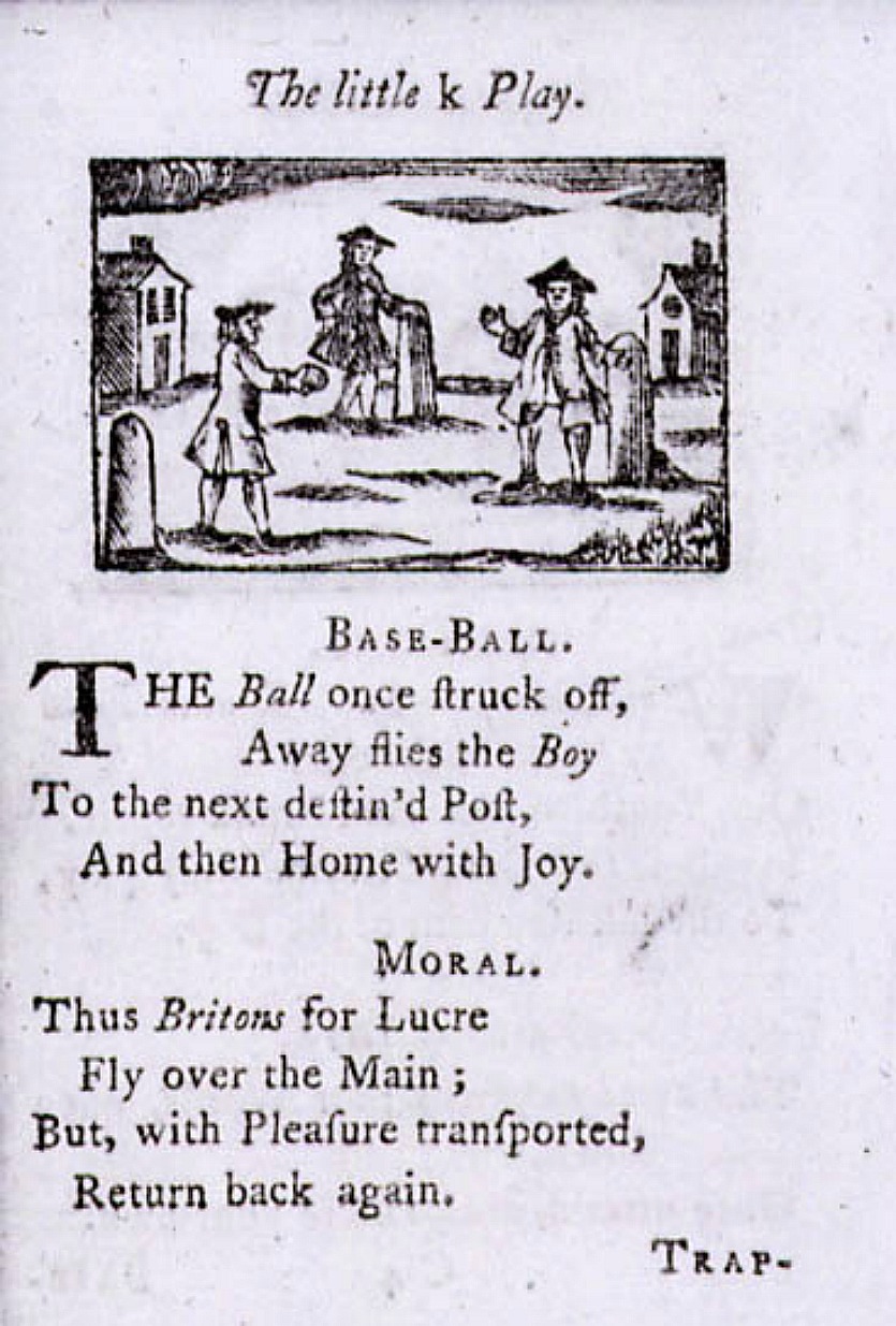 A page of an old-fashioned children's book with illustrations depicting men throwing a ball.