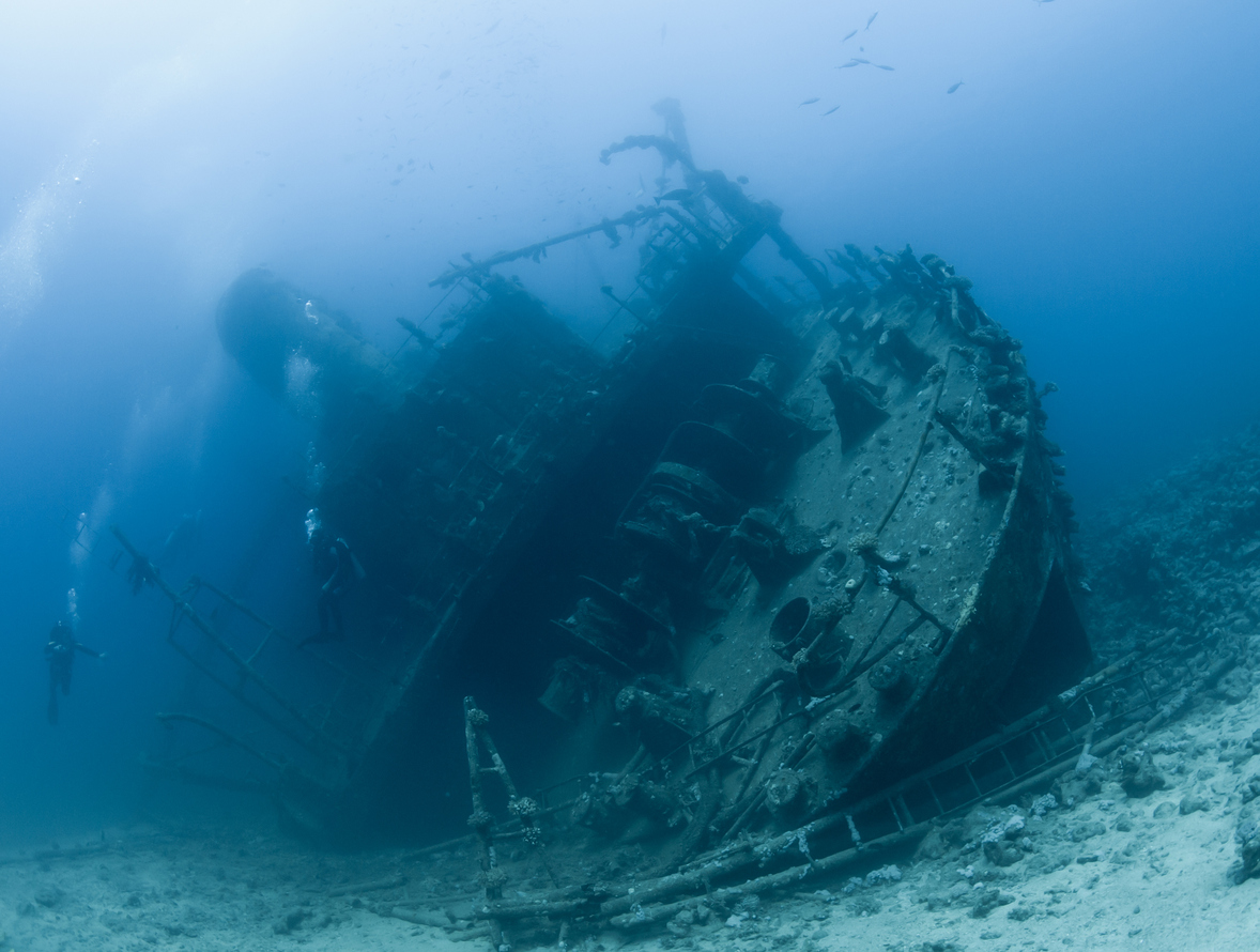 A sunken ship sits on the ocean floor